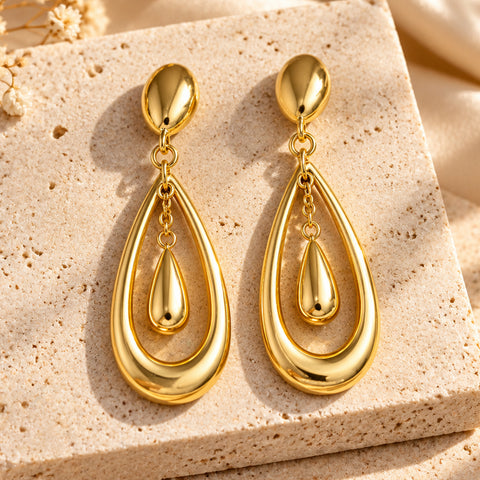 Gold Plated Teardrop Oval Dangle Earrings for Women