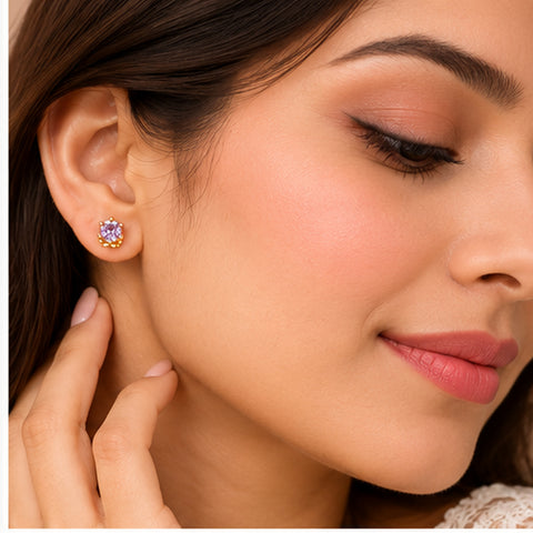 Gold Plated Pink Cubic Zirconia Stud Earrings for Women