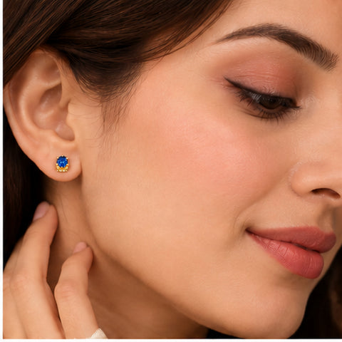 Gold Plated Navy Blue Cubic Zirconia Stud Earrings for Women