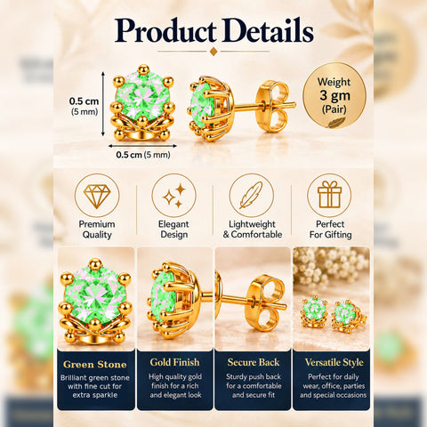 Gold Plated Emerald Green Cubic Zirconia Stud Earrings for Women