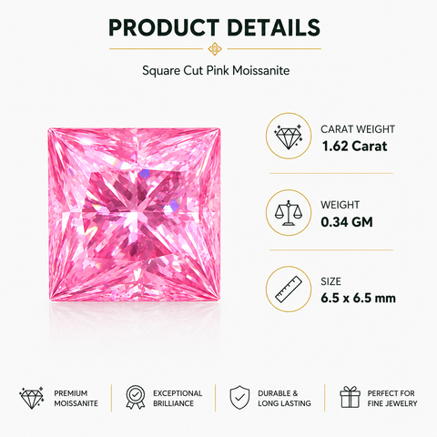 Luxury 1.62 Carat Pink Moissanite Loose Stone 6.5x6.5mm Princess Cut | GRA Certified VVS1 Clarity Pink Moissanite Gemstone | Brilliant Diamond Alternative for Rings, Pendants, Earrings & Custom Jewelry Men & Women (Stone Only)