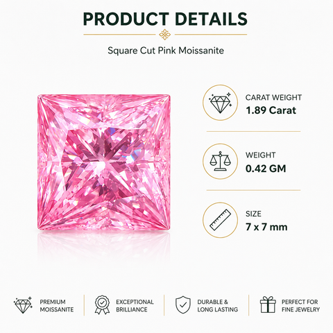 Luxury 1.89 Carat Pink Moissanite Loose Stone 7x7mm Princess Cut | GRA Certified VVS1 Clarity Pink Moissanite Gemstone | Brilliant Diamond Alternative for Rings, Pendants, Earrings & Custom Jewelry Men & Women (Stone Only)