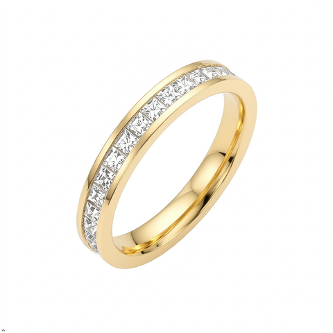 Bria By Saar Stainless Steel Golden Cubic Zirconia Gold-Plated Ring For Men & Women | Premium Crystal Studded Fashion Band | Anti-Tarnish Stylish Daily Wear Jewellery Gift | (Size- 8)