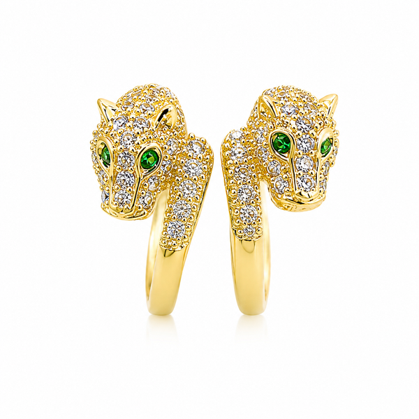Anti-Tarnish Stainless Steel Crystal Pave Panther Head Stud Earrings | Gold Wildcat Charm With Green Crystal Eyes For Women | Water-Resistant Luxury Wildlife Jewelry