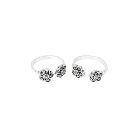 BRIA BY SAAR 925 Sterling Silver Marcasite Floral Ring for Women and Girls | Antique Oxidised Four-Petal Cross Design | Adjustable Finger or Toe Ring | Vintage-Inspired Fine Jewellery
