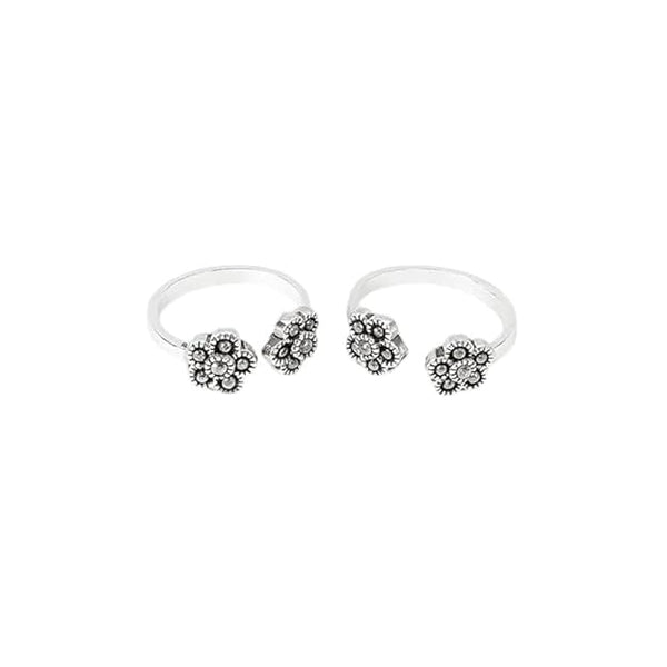 BRIA BY SAAR 925 Sterling Silver Marcasite Floral Ring for Women and Girls | Antique Oxidised Four-Petal Cross Design | Adjustable Finger or Toe Ring | Vintage-Inspired Fine Jewellery