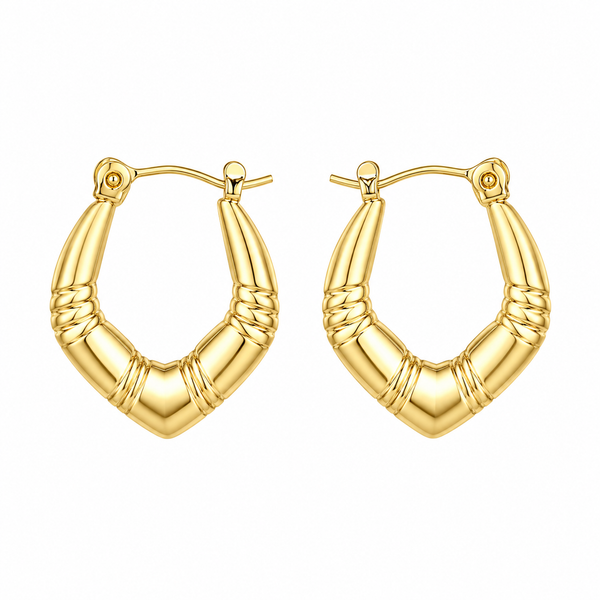 Anti-Tarnish Stainless Steel Chunky Bamboo V-Hoop Earrings | Gold Textured Geometric Tapered Hoops For Women | Water-Resistant Everyday Minimalist Luxury Jewelry