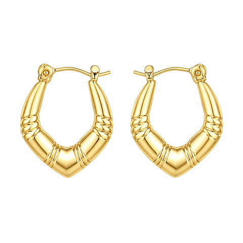 Anti-Tarnish Stainless Steel Chunky Bamboo V-Hoop Earrings | Gold Textured Geometric Tapered Hoops For Women | Water-Resistant Everyday Minimalist Luxury Jewelry