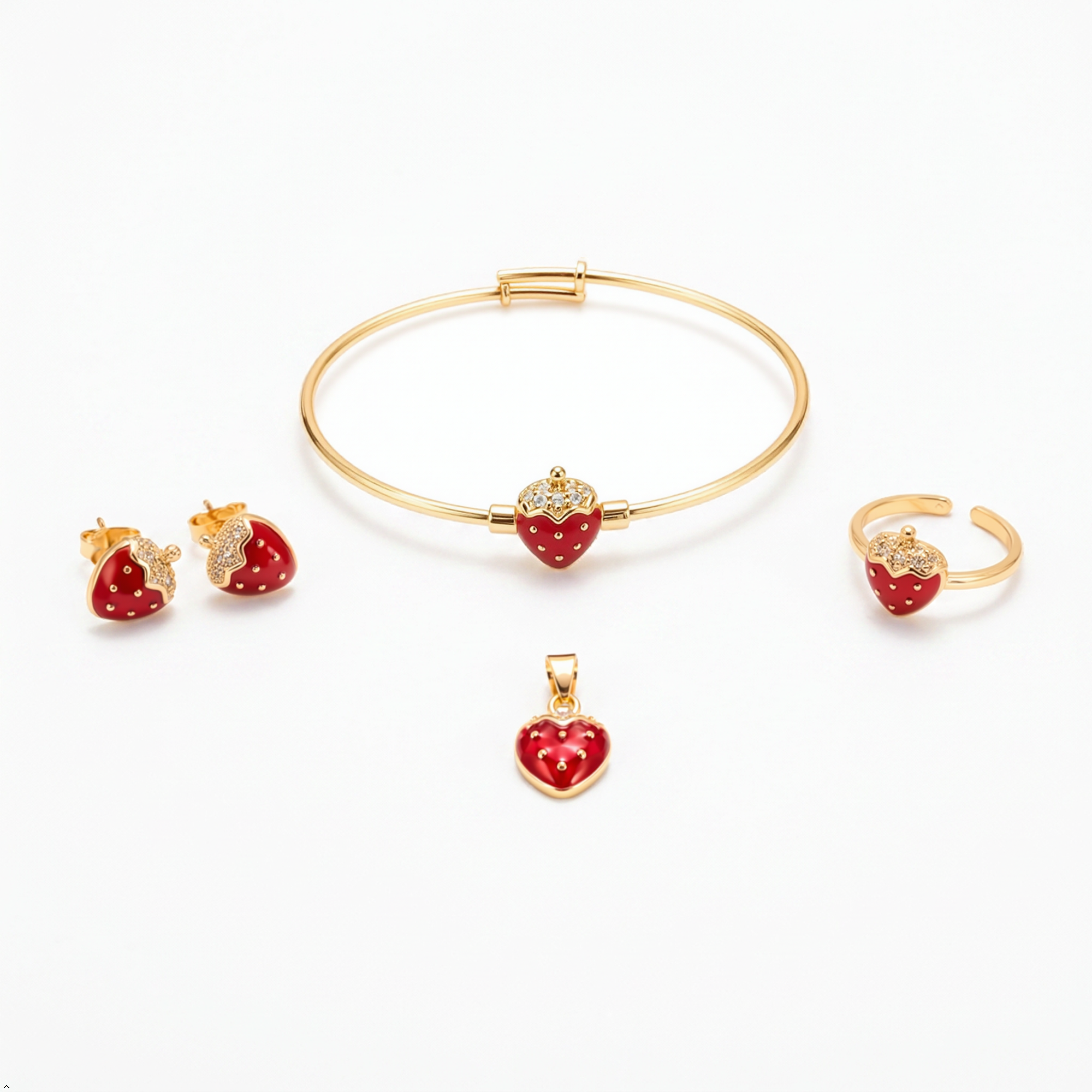 Bria By Saar Stainless Steel Gold-Plated Adjustable Strawberry Charm Jewellery Set For Kids | Korean Aesthetic Bracelet & Necklace Set | Cute Stylish Fashion Jewellery For Girls | Lightweight Daily Wear Gift (Set of 4)