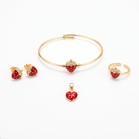 Bria By Saar Stainless Steel Gold-Plated Adjustable Strawberry Charm Jewellery Set For Kids | Korean Aesthetic Bracelet & Necklace Set | Cute Stylish Fashion Jewellery For Girls | Lightweight Daily Wear Gift (Set of 4)