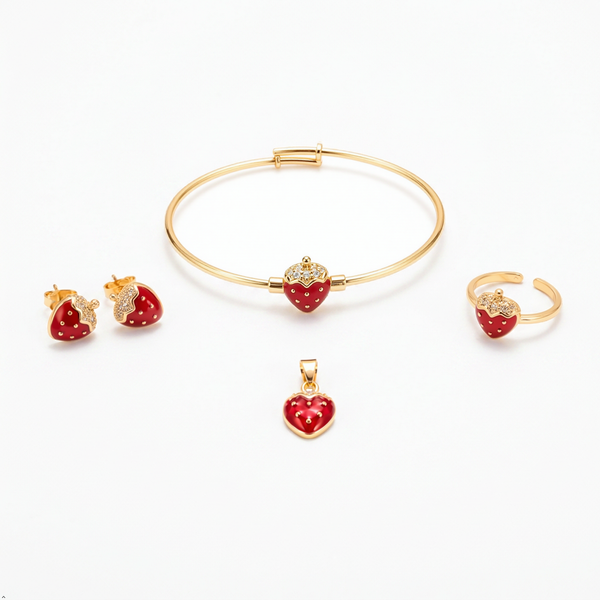 Stainless Steel Gold-Plated Adjustable Strawberry Charm Jewellery Set For Kids | Korean Aesthetic Bracelet & Necklace Set | Cute Stylish Fashion Jewellery For Girls | Lightweight Daily Wear Gift (Set of 4)