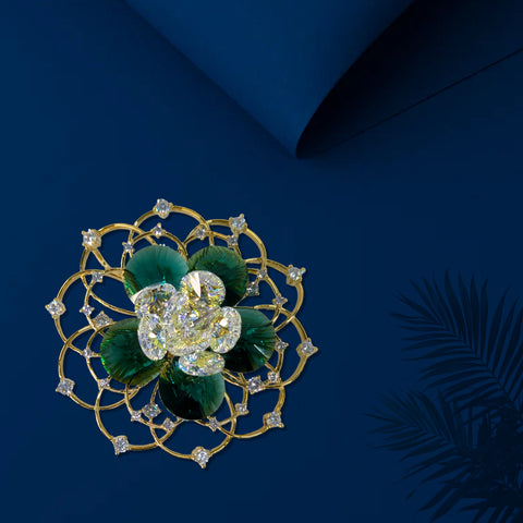 Elegant Peacock Flower Brooch – Gold Finish with Blue Gemstones & Crystal