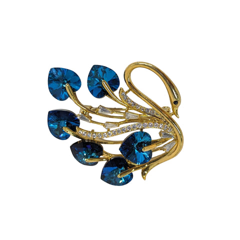 Majestic Peacock Brooch – Gold-Tone with Blue Heart-Cut Crystals