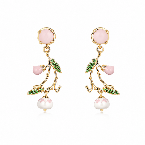 Anti-Tarnish Stainless Steel Enameled Peach Blossom Drop Earrings | Gold Organic Flower Branch Dangle For Women | Water-Resistant Cottagecore Botanical Jewelry Gift