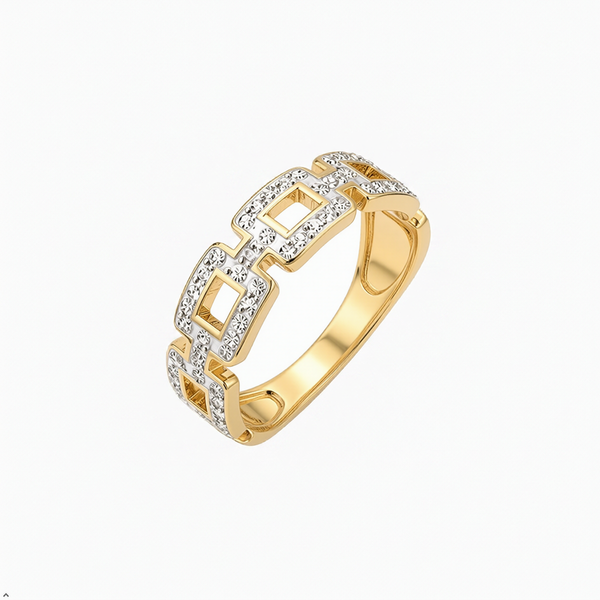 Stainless Steel Golden Geometric Link Ring With Cubic Zirconia For Women | Gold-Plated Statement Finger Ring | Stylish Anti-Tarnish Fashion Jewellery For Daily Wear, Party & Gifting | (Size- 9)