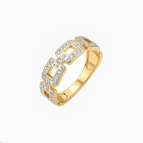 Bria By Saar Stainless Steel Golden Geometric Link Ring With Cubic Zirconia For Women | Gold-Plated Statement Finger Ring | Stylish Anti-Tarnish Fashion Jewellery For Daily Wear, Party & Gifting | (Size- 9)