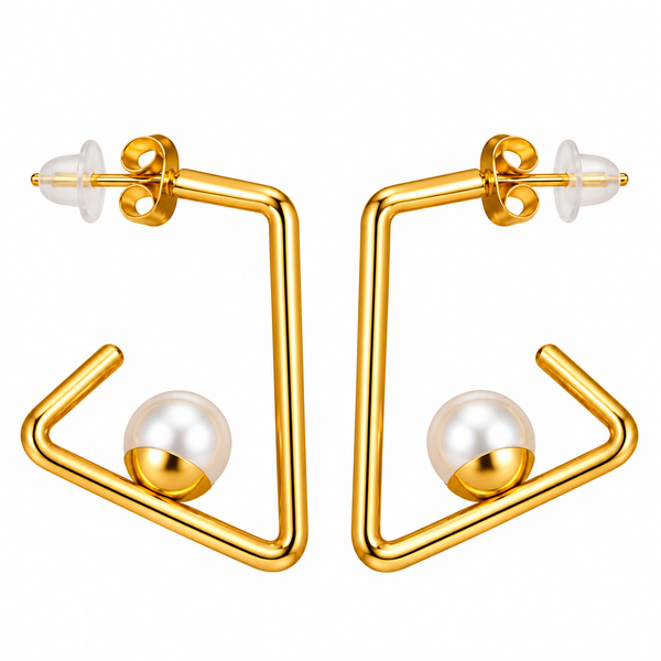 Gold Plated Square Pearl Drop Earrings for Women, Stainless Steel