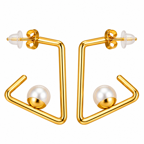 Gold Plated Square Pearl Drop Earrings for Women, Stainless Steel