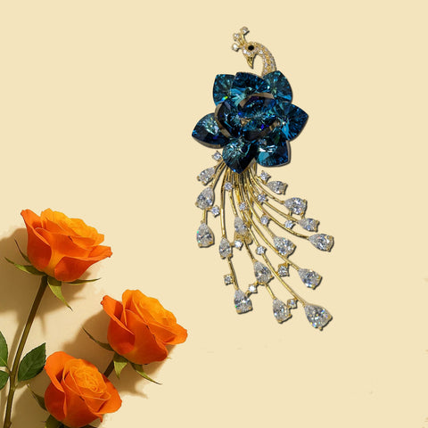 Exquisite Peacock Brooch with Blue Gemstone Petals & Cascading Crystal Tail