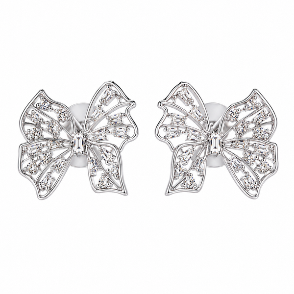 Anti-Tarnish Stainless Steel Silver Crystal Bow Stud Earrings | Baguette & Round Rhinestone Openwork Butterfly Earrings For Women | Water-Resistant Luxury Statement Jewelry Gift