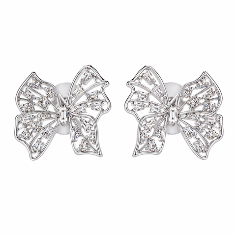 Anti-Tarnish Stainless Steel Silver Crystal Bow Stud Earrings | Baguette & Round Rhinestone Openwork Butterfly Earrings For Women | Water-Resistant Luxury Statement Jewelry Gift