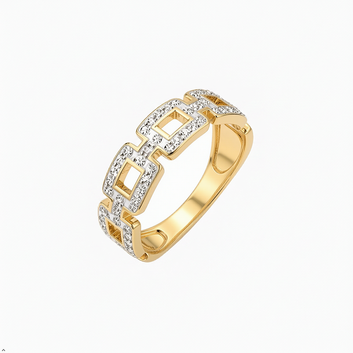 Bria By Saar Stainless Steel Golden Geometric Link Ring With Cubic Zirconia For Women | Gold-Plated Statement Finger Ring | Stylish Anti-Tarnish Fashion Jewellery For Daily Wear, Party & Gifting | (Size- 7)