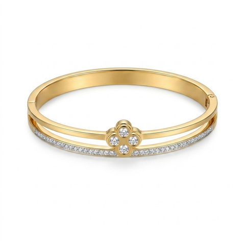 Bria By Saar Stainless Steel Golden Adjustable Gold Plated Kada Bracelet With Greek Key Pattern For Women | Premium Anti-Tarnish Open Cuff Bracelet | Stylish Daily Wear Fashion Jewellery