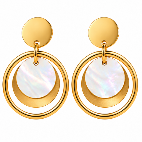 Gold Plated Circular Drop Earrings for Women with Resin and Shell Inlay