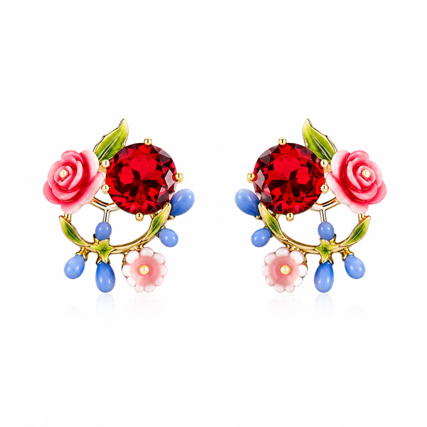 Anti-Tarnish Stainless Steel Ruby Crystal Rose Stud Earrings | Gold Enameled Garden Flower Wreath Ear Studs For Women | Water-Resistant Cottagecore Jewelry Gift