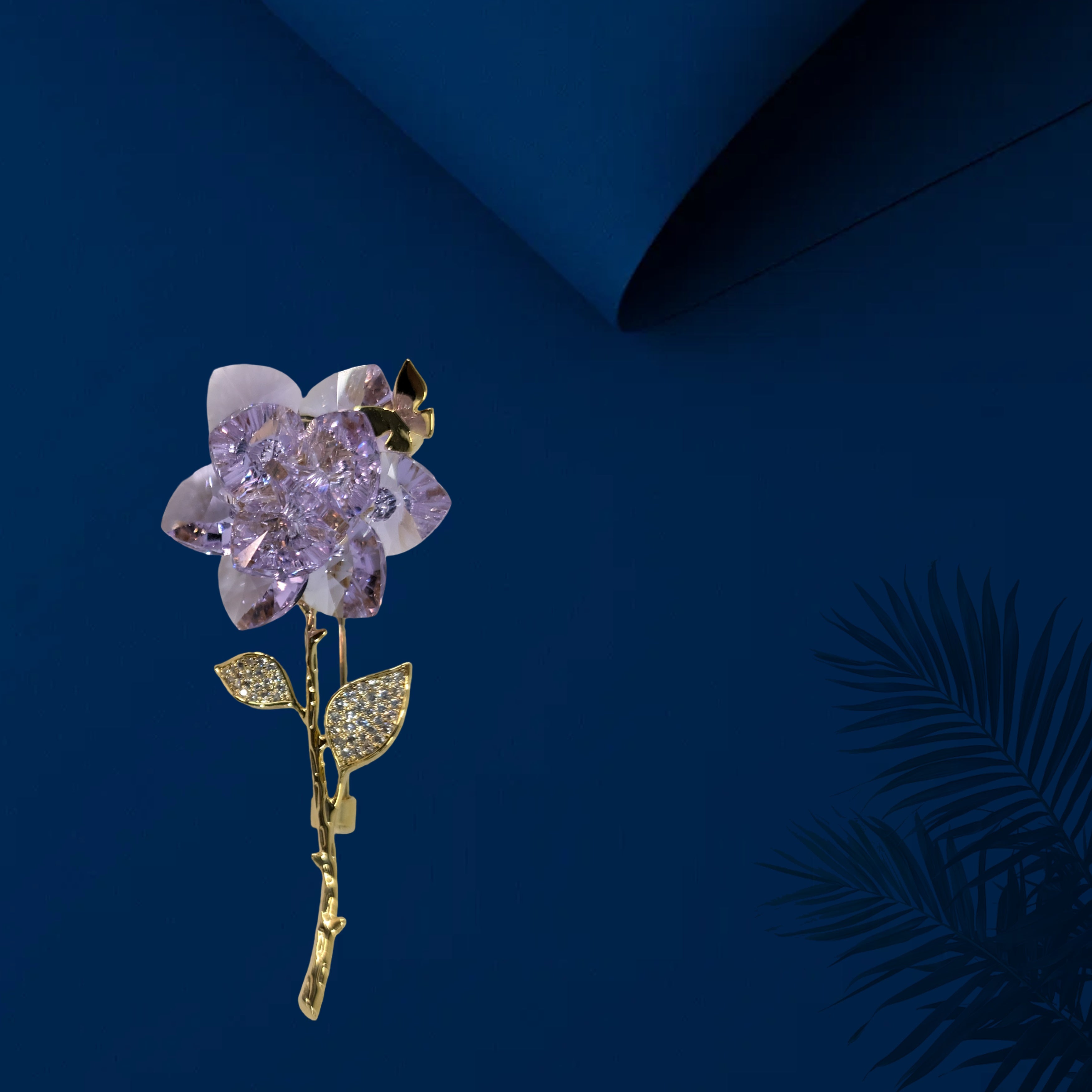 Lavender Crystal Rose Brooch with Gold Stem & Pave Leaf Detailing