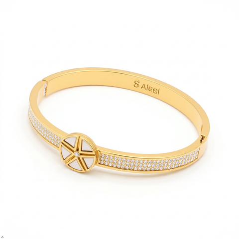 Bria By Saar Stainless Steel Golden Adjustable Gold Plated Kada Bracelet With Greek Key Pattern For Women | Premium Anti-Tarnish Open Cuff Bracelet | Stylish Daily Wear Fashion Jewellery