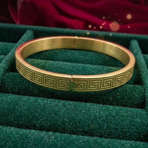 Bria By Saar Stainless Steel Golden Adjustable Gold Plated Kada Bracelet With Greek Key Pattern For Women | Premium Anti-Tarnish Open Cuff Bracelet Jewellery For Party & Gifting