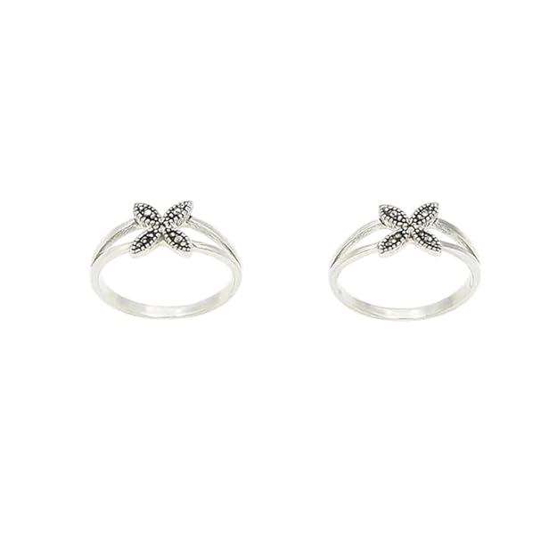 BRIA BY SAAR 925 Sterling Silver Adjustable Ring/Toe Ring for Women & Girls | Floral Cross Marcasite Design with Oxidized Antique Finish | Hypoallergenic Fine Jewelry Gift