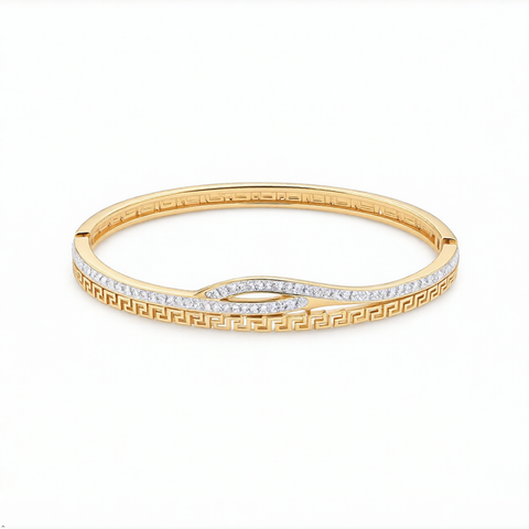 Bria By Saar Stainless Steel Golden Adjustable Gold Plated Kada Bracelet With Greek Key Pattern For Women | Premium Anti-Tarnish Open Cuff Bracelet  Stylish Daily Wear Fashion Jewellery