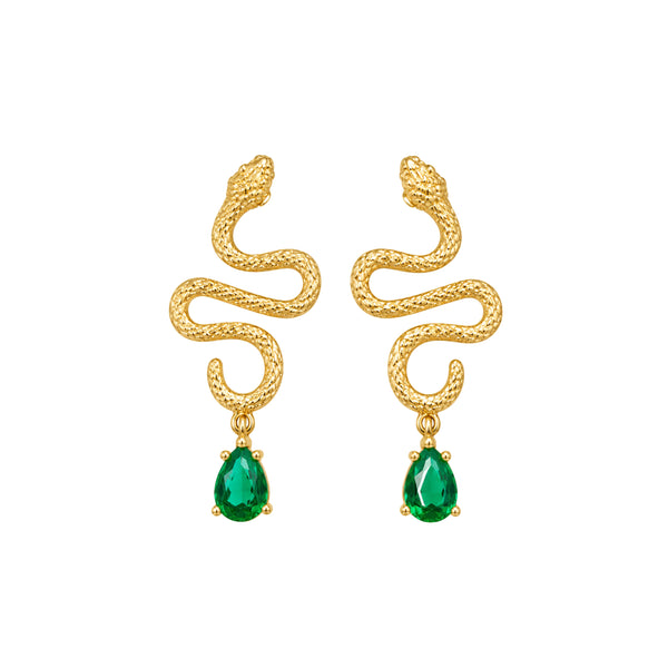Anti-Tarnish Stainless Steel Textured Snake Drop Earrings | Gold Serpentine Dangle With Emerald Green Teardrop Crystal For Women | Water-Resistant Edgy Luxury Jewelry