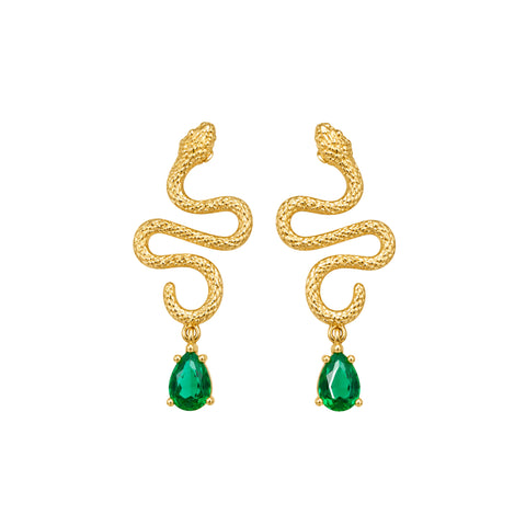 Anti-Tarnish Stainless Steel Textured Snake Drop Earrings | Gold Serpentine Dangle With Emerald Green Teardrop Crystal For Women | Water-Resistant Edgy Luxury Jewelry
