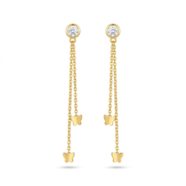 18K Gold Plated Butterfly Tassel Drop Earrings for Women & Girls | Luxury Crystal Long Chain Earrings | Premium Korean Style Statement Party Wear Fashion Jewellery | Elegant Gift for Her(pair of 1)
