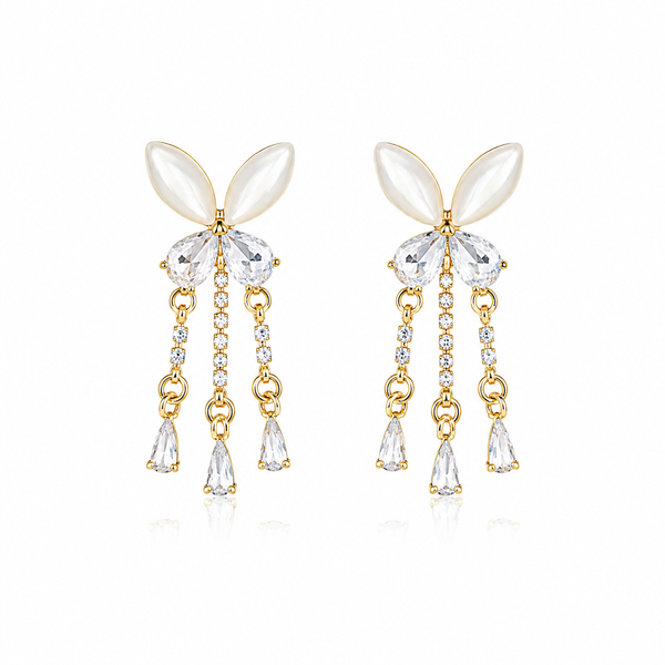 Anti-Tarnish Stainless Steel Cat-Eye Shell Butterfly Tassel Earrings | Gold Mother Of Pearl Drop Fringe Dangle For Women | Water-Resistant Elegant Luxury Jewelry Gift