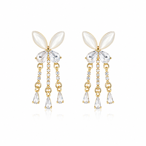 Anti-Tarnish Stainless Steel Cat-Eye Shell Butterfly Tassel Earrings | Gold Mother Of Pearl Drop Fringe Dangle For Women | Water-Resistant Elegant Luxury Jewelry Gift