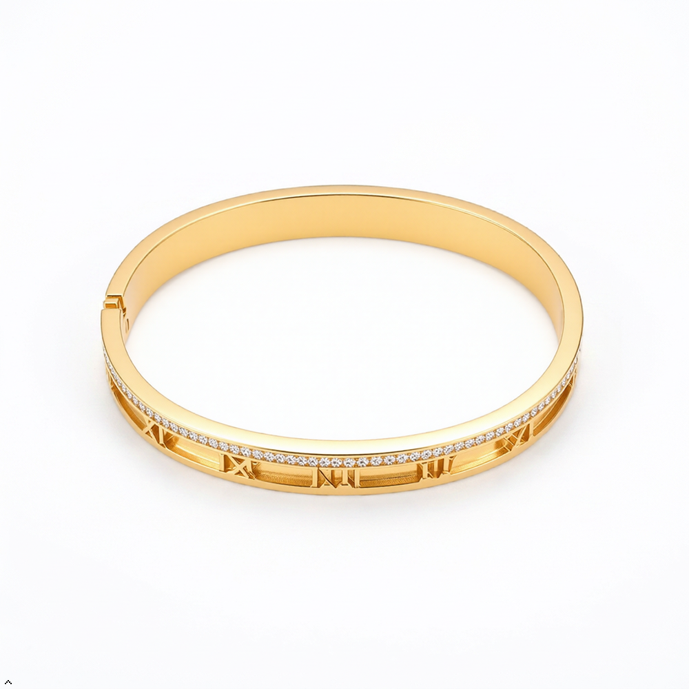 Bria By Saar Stainless Steel Golden Adjustable Gold Plated Kada Bracelet With Greek Key Pattern For Women | Premium Anti-Tarnish Open Cuff Bracelet | Stylish Daily Wear Fashion Jewellery