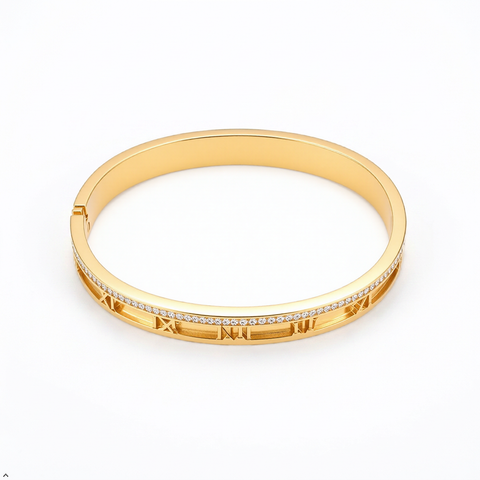 Bria By Saar Stainless Steel Golden Adjustable Gold Plated Kada Bracelet With Greek Key Pattern For Women | Premium Anti-Tarnish Open Cuff Bracelet | Stylish Daily Wear Fashion Jewellery