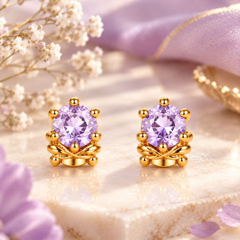 Gold Plated Purple Cubic Zirconia Stud Earrings for Women