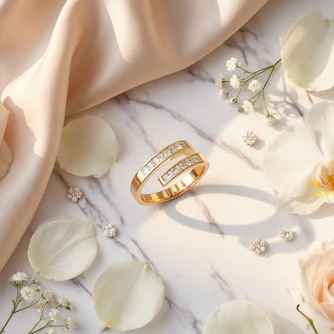 Bria By Saar Stainless Steel Golden Cubic Zirconia Gold-Plated Ring For Men & Women | Premium Crystal Studded Fashion Band | Anti-Tarnish Stylish Daily Wear Jewellery Gift | (Size- 9)