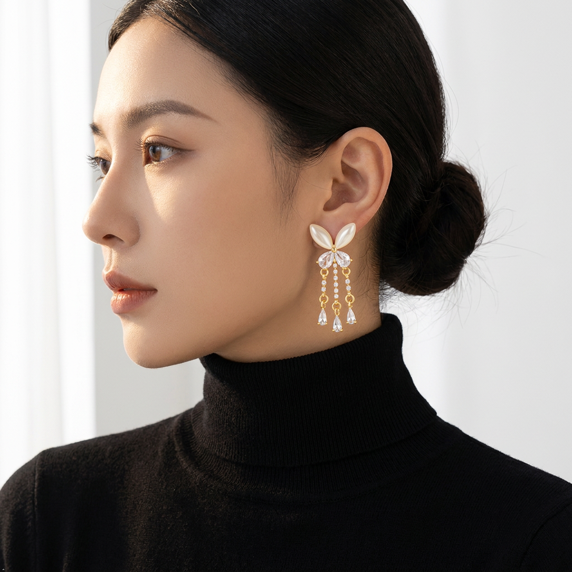 Anti-Tarnish Stainless Steel Cat-Eye Shell Butterfly Tassel Earrings | Gold Mother Of Pearl Drop Fringe Dangle For Women | Water-Resistant Elegant Luxury Jewelry Gift