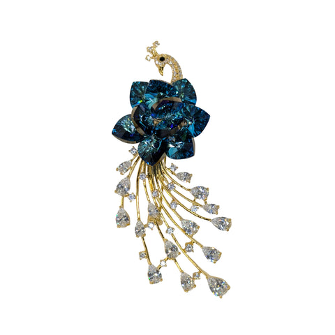 Exquisite Peacock Brooch with Blue Gemstone Petals & Cascading Crystal Tail
