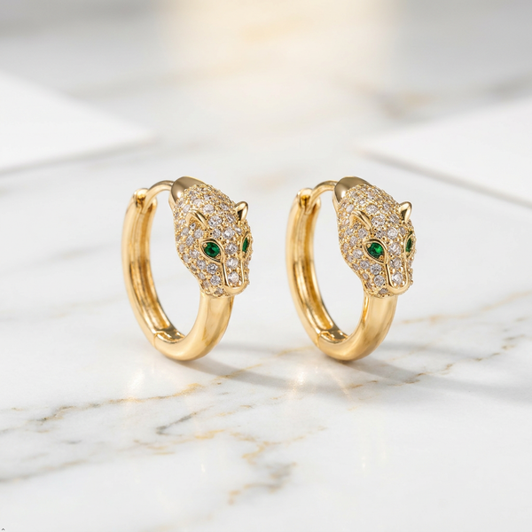 Anti-Tarnish Stainless Steel Crystal Pave Panther Head Stud Earrings | Gold Wildcat Charm With Green Crystal Eyes For Women | Water-Resistant Luxury Wildlife Jewelry