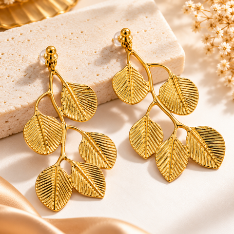 Gold Plated Teardrop Leaf Dangle Earrings for Women