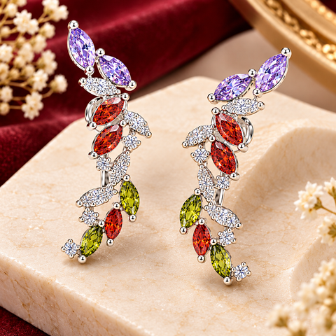 Multicolor Crystal Branch Dangle Earrings for Women, Silver Tone