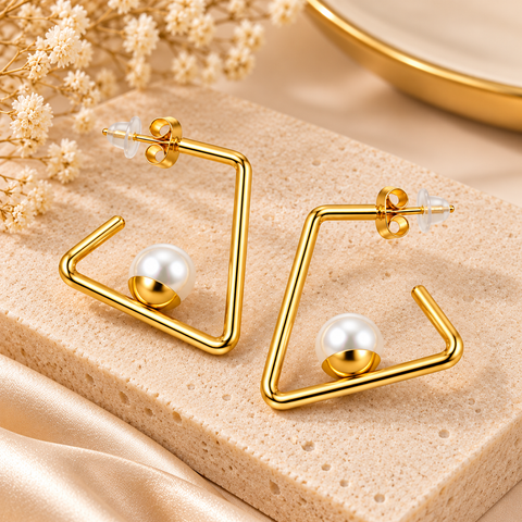 Gold Plated Square Pearl Drop Earrings for Women, Stainless Steel