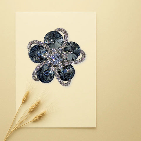 Elegant Blue Floral Brooch – Silver-Tone with Cubic Zirconia Accents